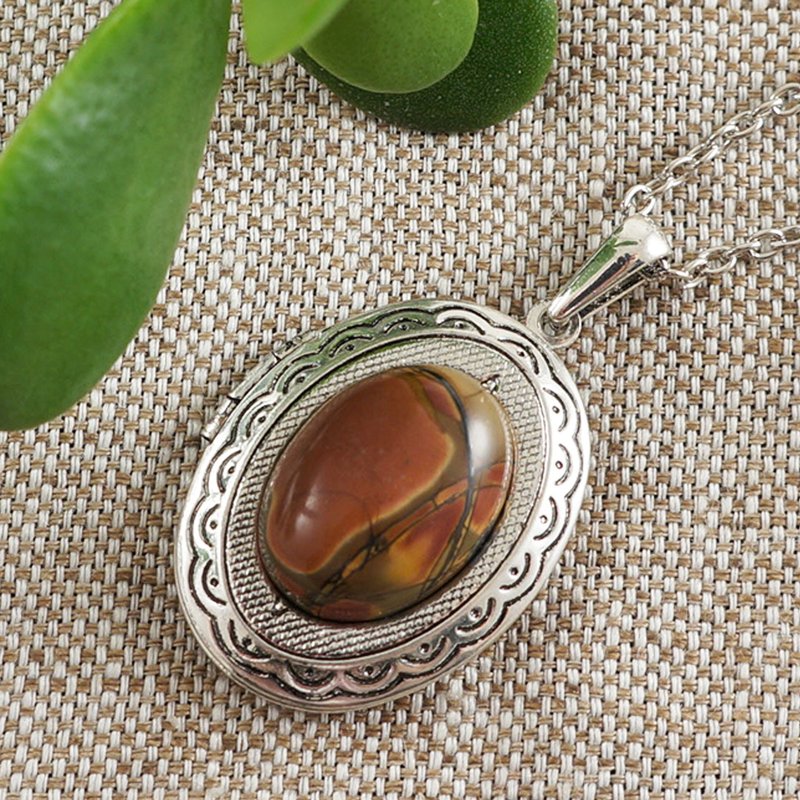 Picasso Jasper Silver Oval Photo Locket Pendant Keepsake Necklace Woman Jewelry - 項鍊 - 半寶石 紅色