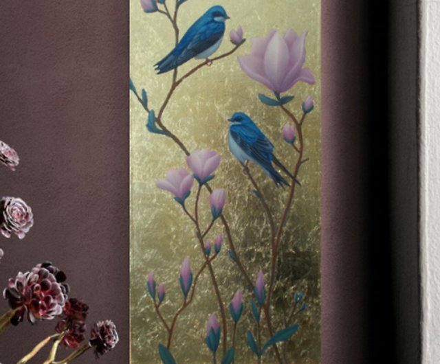 銅の葉の絵 枝に止まった鳥 中国の絵画 狭いキャンバス ツバメ