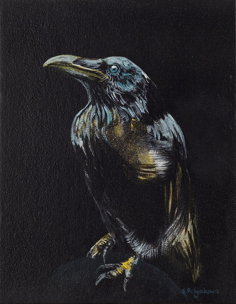 Raven Painting Bird Original Art Acrylic Painting Crow Painting Corbie Artwork - โปสเตอร์ - วัสดุอื่นๆ สีดำ