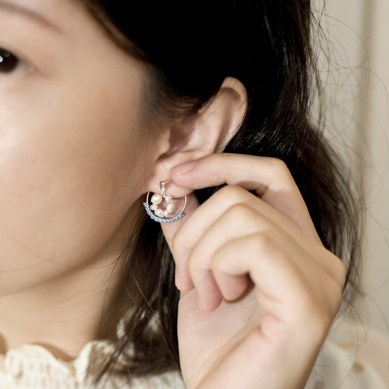 Practice Fine 細語珍珠S 粉藍 - 925 純銀編織耳環 婚禮 - 耳環/耳夾/耳骨夾 - 珍珠 藍色