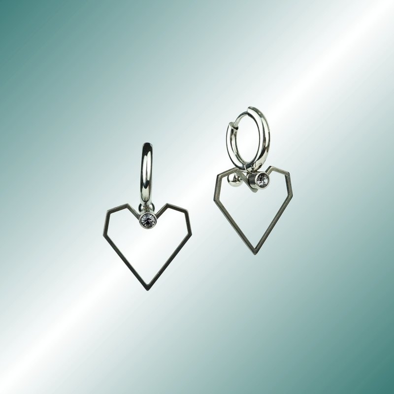 GUNMETAL Gunmetal Series Distressed Hollow Heart Pendant Hoop Earrings - ต่างหู - สแตนเลส สีเงิน