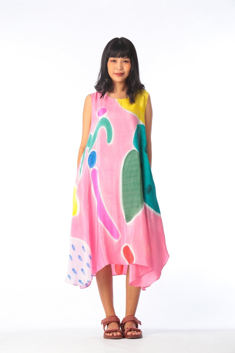 Dress Hand Paint Soft Cotton Silk for Yoga Vacation Holidays - 洋裝/連身裙 - 棉．麻 粉紅色
