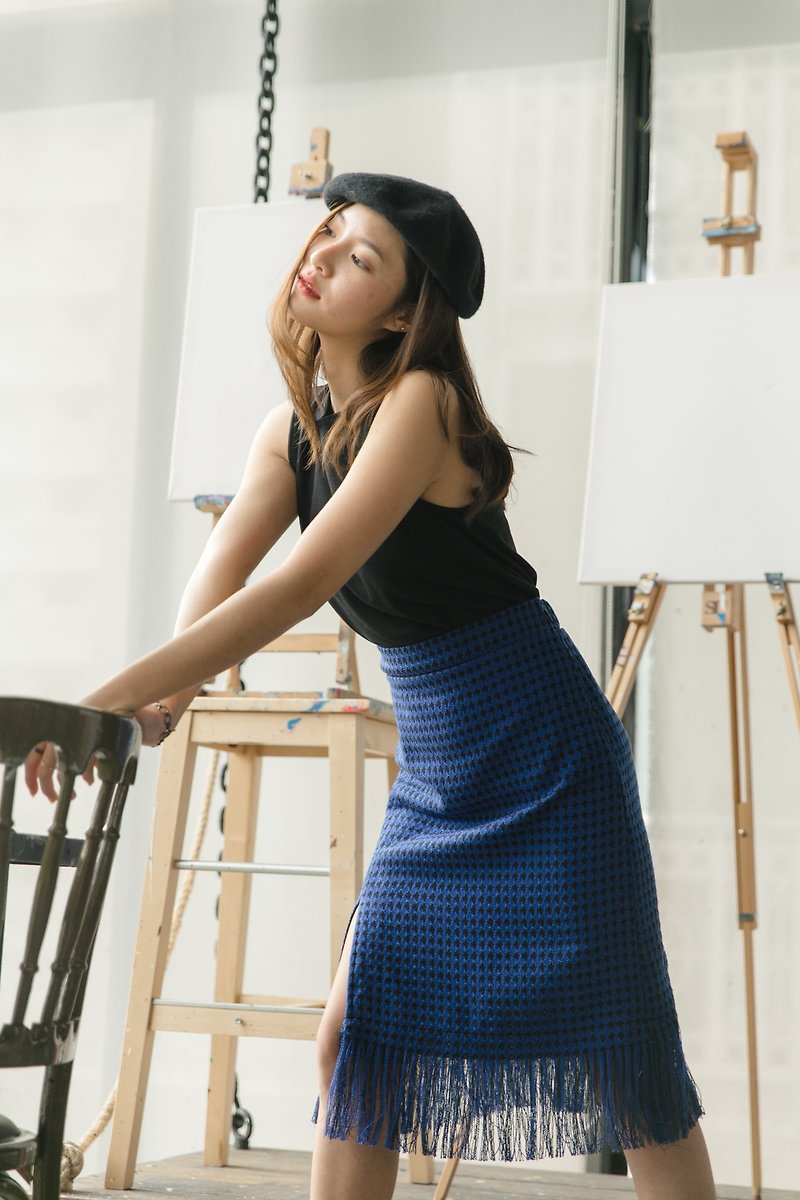 Boucle tweet skirt - cobalt color - 裙子/長裙 - 棉．麻 藍色