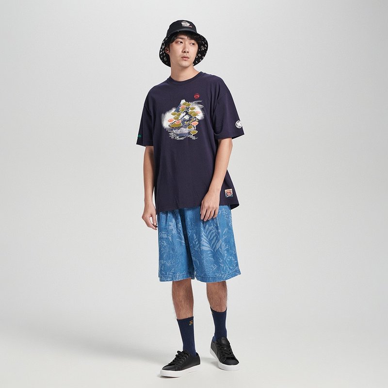 EDOKATSU | Japanese Style | Men's Wear | Orange & Green Potted Plant Wide Short-Sleeve T-Shirt (Navy Blue) #Top - เสื้อยืดผู้ชาย - ผ้าฝ้าย/ผ้าลินิน สีน้ำเงิน