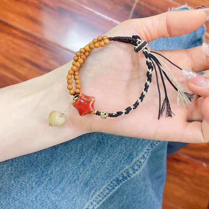 Original olive core ceramic five-pointed star bracelet bodhi root love handmade kumihimo - Bracelets - Wood 