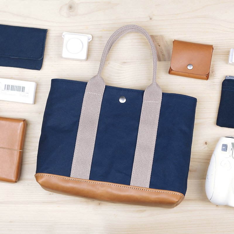 Double webbing leather 2-way bag/Japanese canvas-Prussian blue - กระเป๋าถือ - ผ้าฝ้าย/ผ้าลินิน สีน้ำเงิน