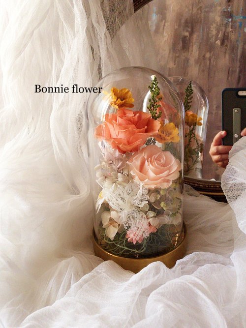 Bonnie flower邦妮花藝 復古玫瑰花玻璃罩/永生花玻璃鐘罩/生日禮物/客製
