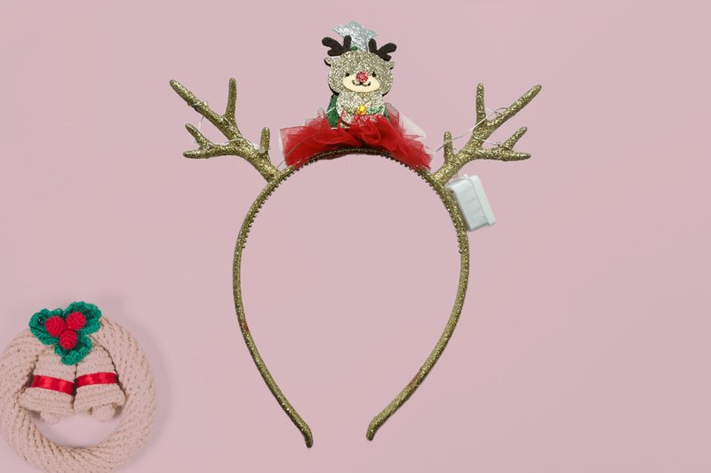 Festive Antler Headband with a flat cute Reindeer on a party hat and Lights. - 髮圈/髮夾 - 塑膠 金色