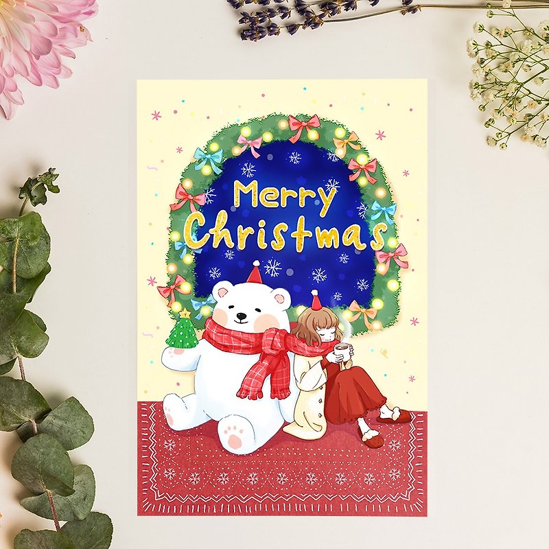 Warm blessings on Christmas Eve-Christmas cute illustration postcard-polar bear and girl - Cards & Postcards - Paper Yellow