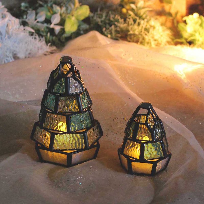 [Small fir tree lamp/little child lamp and pair set] Stained glass mini lamp with LED light - Lighting - Glass Green