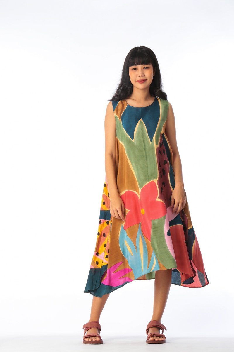 Dress Hand Paint Soft Cotton Silk for Yoga Vacation Holidays - 洋裝/連身裙 - 棉．麻 綠色