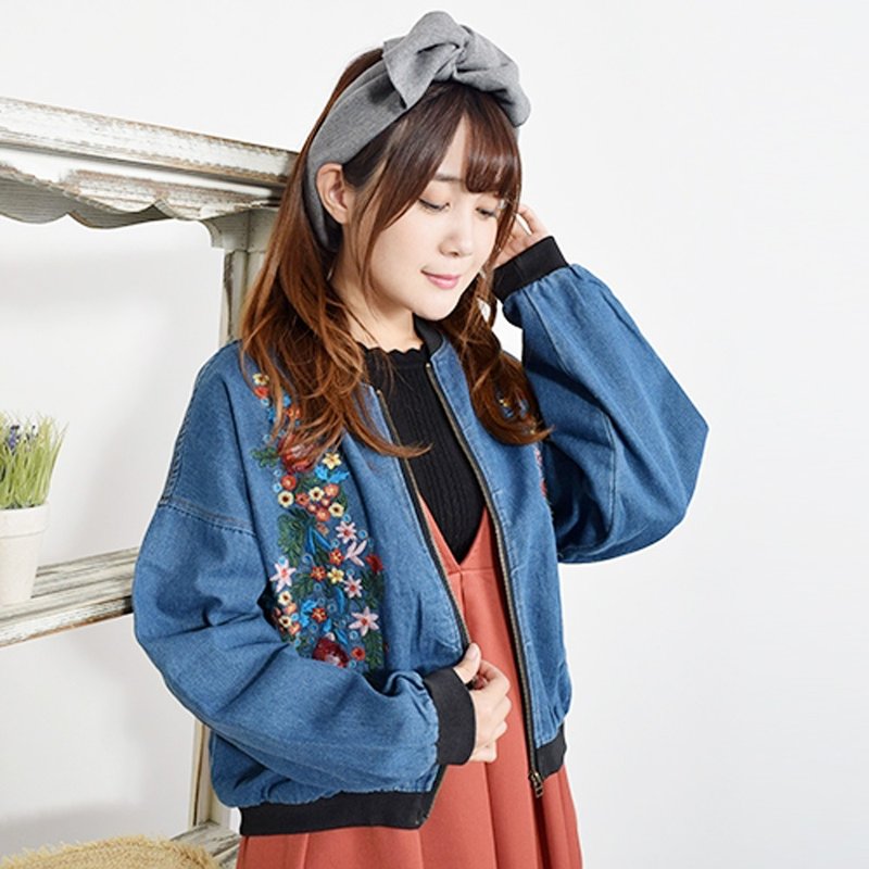 Flower Embroidery Denim Blouson Jacket - Women's Casual & Functional Jackets - Cotton & Hemp Blue