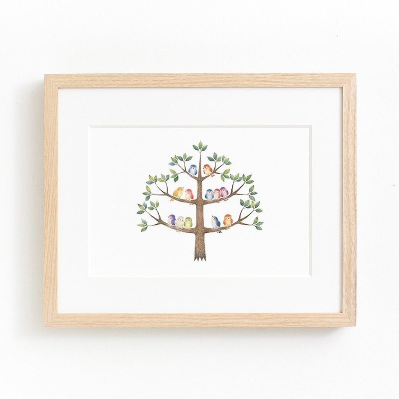 Living with pictures. Framed Art Print "Tree with Multicolored Birds" FAP-A5208 - โปสเตอร์ - กระดาษ สีเขียว