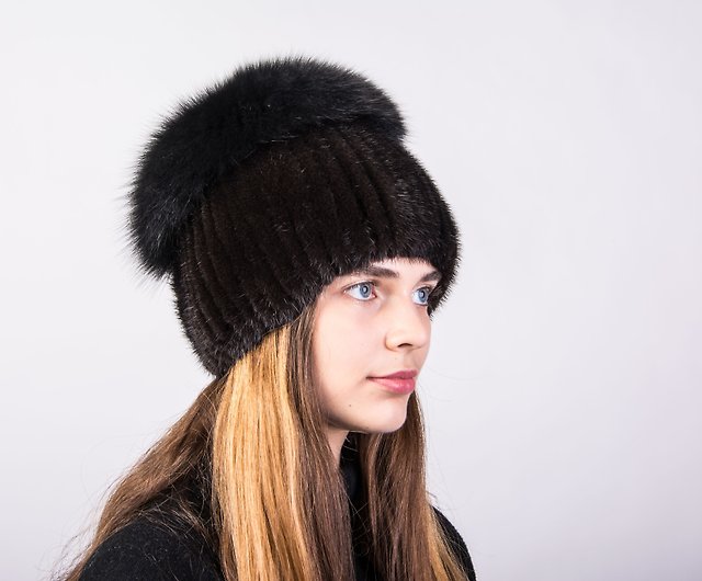 冬の女性のビーニー帽子リアルミンクファーポンポンフォックスファー