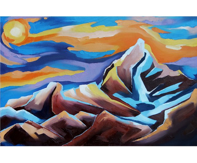 ヒマラヤの絵画 夕日の山々 オリジナルアート 風景画 ネパール
