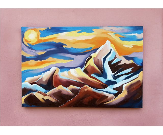 ヒマラヤの絵画 夕日の山々 オリジナルアート 風景画 ネパール