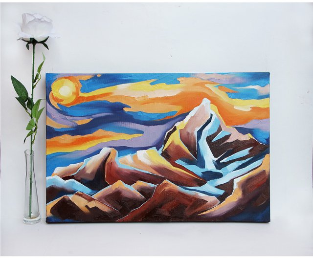 ヒマラヤの絵画 夕日の山々 オリジナルアート 風景画 ネパール