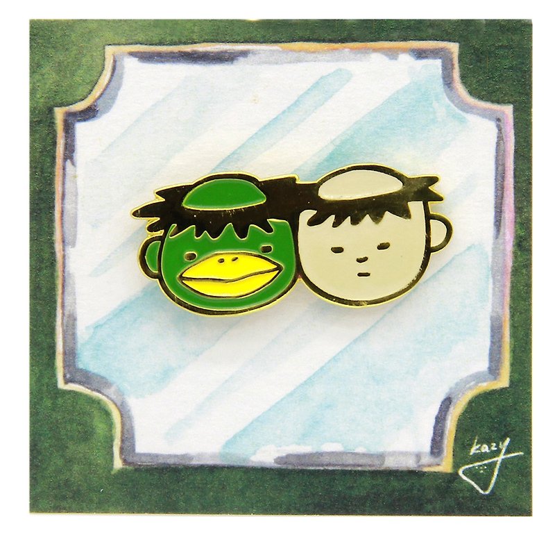 #37 Kappa and boy pin/brooch/pin - Brooches - Other Materials Green