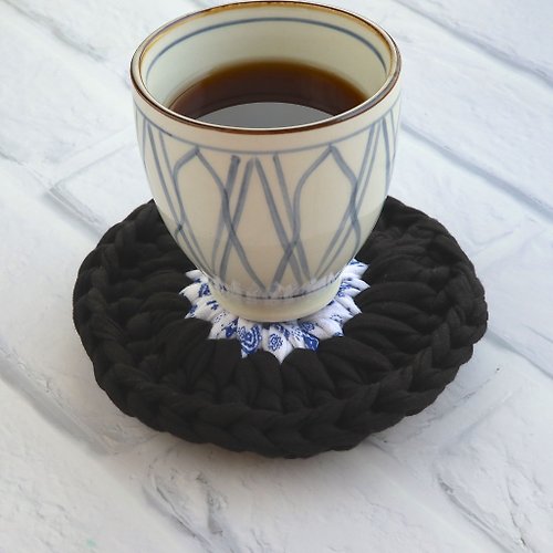 honeywood 圓形 布條手工鉤織杯墊 / 隔熱杯墊 藍色花紋 & 黑 禮物訂製
