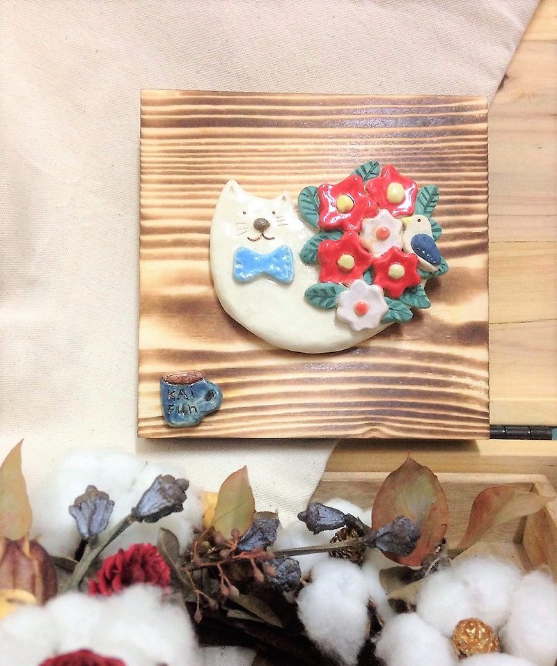 Three-dimensional small flower cat porcelain plate creation - โปสเตอร์ - เครื่องลายคราม หลากหลายสี