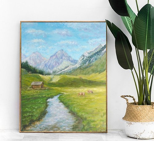 山の絵、農家の芸術、風景の油絵、川の元の絵画 - ショップ