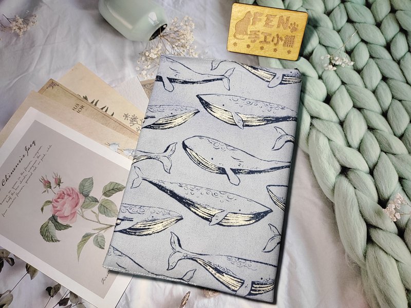 FEN Handmade Shop-F Series-Ocean Series-Japanese Thick Cotton Fabric Water Blue Bottom Big Whale Cloth Book Cover-Hand - Book Covers - Cotton & Hemp 