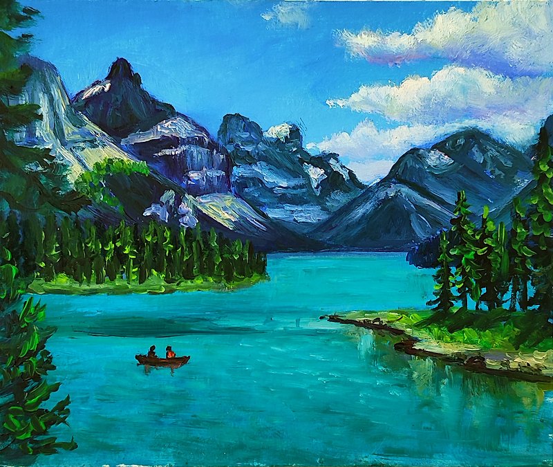 Mountain Valley in Canada Artwork Lake Oil Painting fine art by SElenaV - Wall Décor - Other Materials Purple