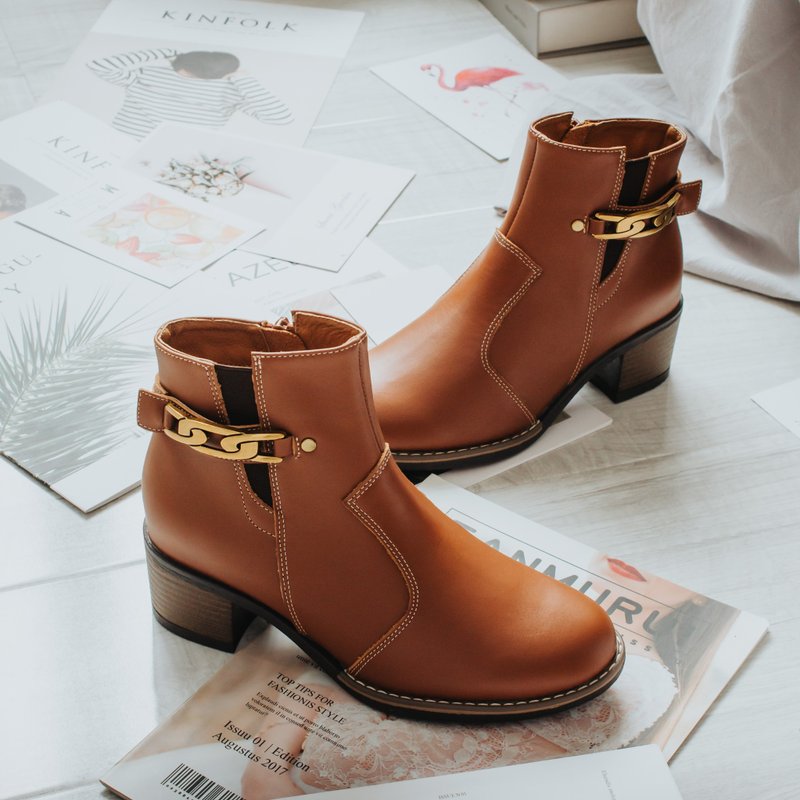 [Elegant Temperament] MIT elegant women's boots. Genuine Leather. Retro coffee 7899 - รองเท้าบูทสั้นผู้หญิง - หนังแท้ สีนำ้ตาล