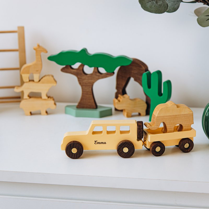 Colored Personalized Wooden Cars Wooden Play Set with Personalized Car Dinosaur - ของเล่นเด็ก - ไม้ 