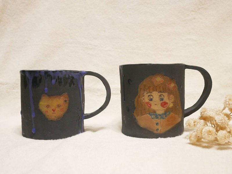 Cat and girl hand-touched pottery cup set - Cups - Pottery 