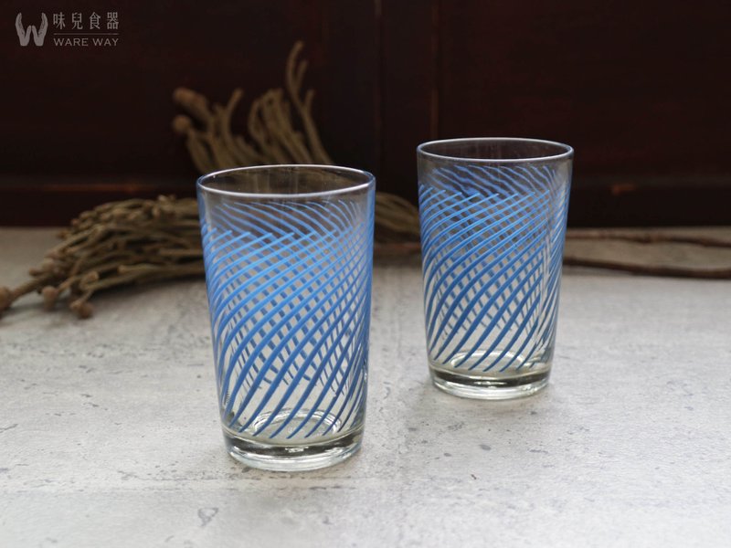 早期印花水杯－水浪 (舊物/老件/玻璃/圖花/幾何) - 玻璃杯 - 玻璃 藍色
