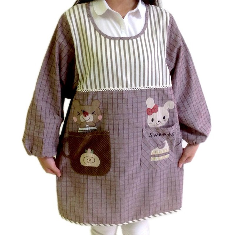 【BEAR BOY】和風長袖圍裙-午茶熊與兔-咖 - 圍裙 - 其他材質 
