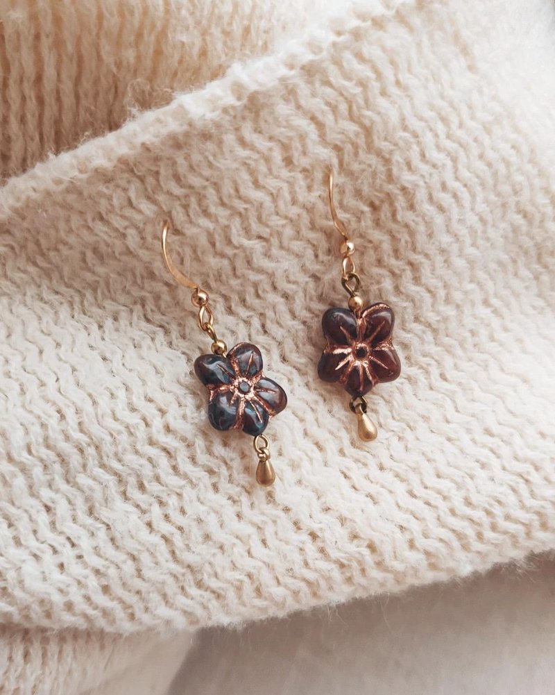 Autumn Brown flower earrings can be changed to include Maillard earth-tone Czech beads and Bronze - Earrings & Clip-ons - Copper & Brass Brown