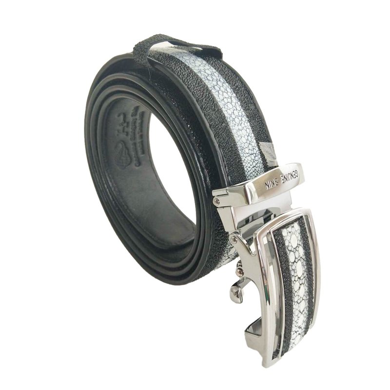 Men's Belt 1.5 Genuine Thorn Stingray Leather Belt Auto Lock Buckle Black White - 腰帶/皮帶 - 真皮 黑色