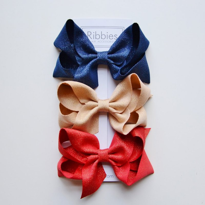 [Christmas Gift] British Ribbies double-layered large bow 3 sets - red/gold/navy blue - Hair Accessories - Polyester 