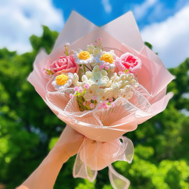 情人節禮盒  花屋系列 手作鉤織粉色系永恆花束 - 乾花/永生花 - 棉．麻 