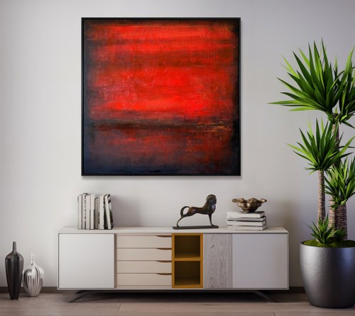 作者不詳　赤と黒の抽象画 キャンバスアート 1972年 オリジナルの抽象画 赤と黒のキャンバスアート モダンミニマリスト