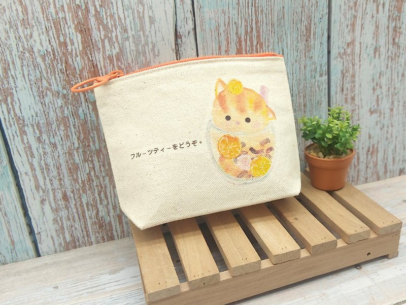 Please Drink Fruit Tea Yellow Cat-Coin Purse with Bottom - Coin Purses - Other Materials 