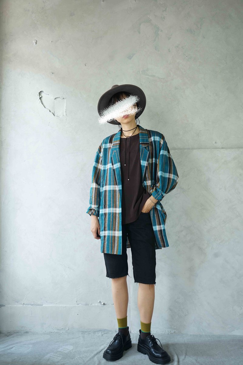 Treasure Hunt Vintage- Teal and Green Linen and Linen Breathable Summer Blazer Smock - เสื้อแจ็คเก็ต - ผ้าฝ้าย/ผ้าลินิน สีน้ำเงิน