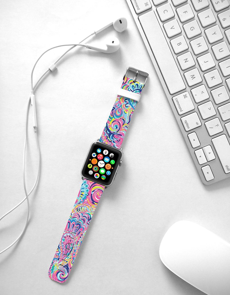 抽象水彩畫花 粉紅 Apple Watch 真皮手錶帶 38 40 42 44 mm -002 - 錶帶 - 真皮 粉紅色