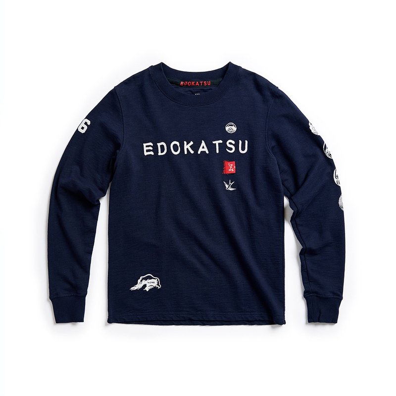 江戶勝 日系 經典繡花圖騰 長袖T恤-男裝 (丈青色) #上衣 - 男 T 恤 - 棉．麻 藍色