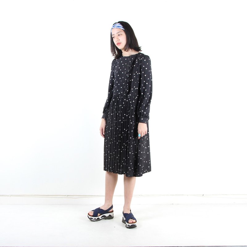[Egg Plant Vintage] Night Rain Print Short Sleeve Vintage Dress - One Piece Dresses - Polyester Black