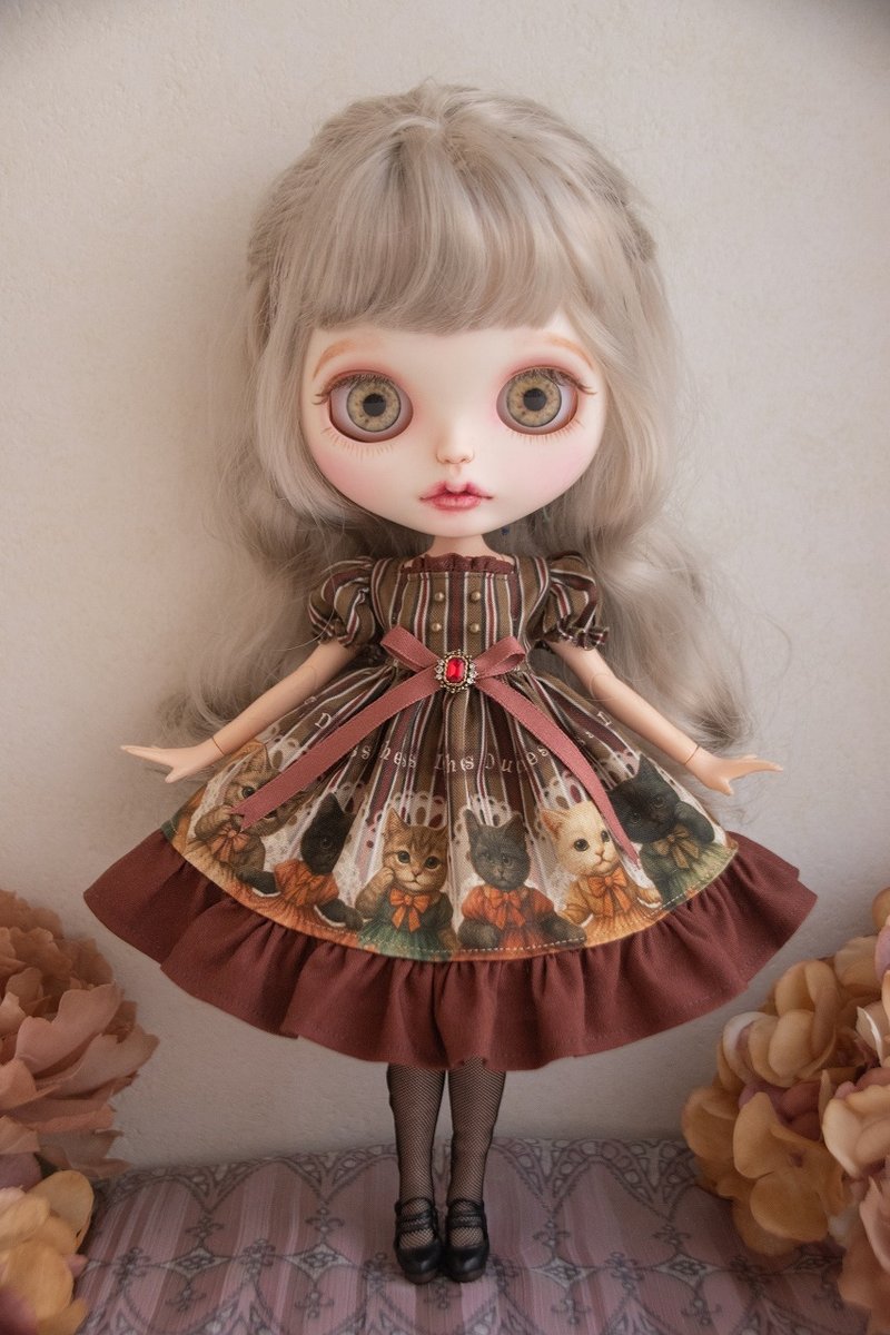 ブライス　服　ドレス　ワンピース　アンティークキャッツワンピ　ボルドーストライプ - 其他 - 棉．麻 咖啡色