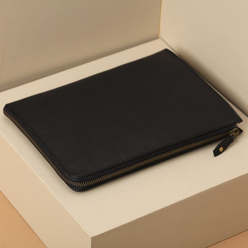 Leather Portfolio with Zip Around Closure - Laptop Bags - Genuine Leather Black