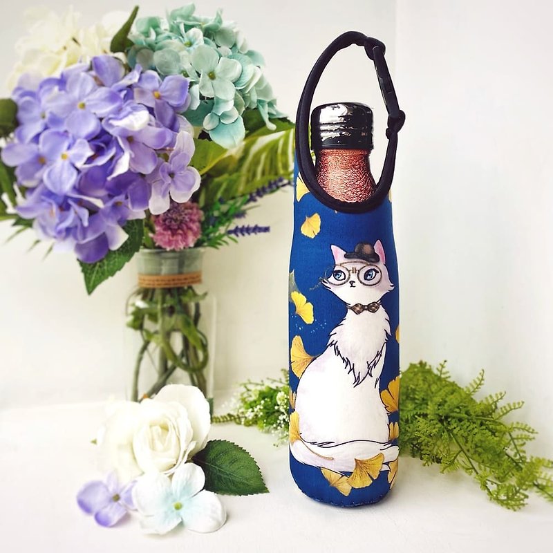保溫瓶套 | 水壺套 | 扣式、手提、側背 - 銀杏文青貓 - 杯袋/飲料提袋 - 防水材質 藍色