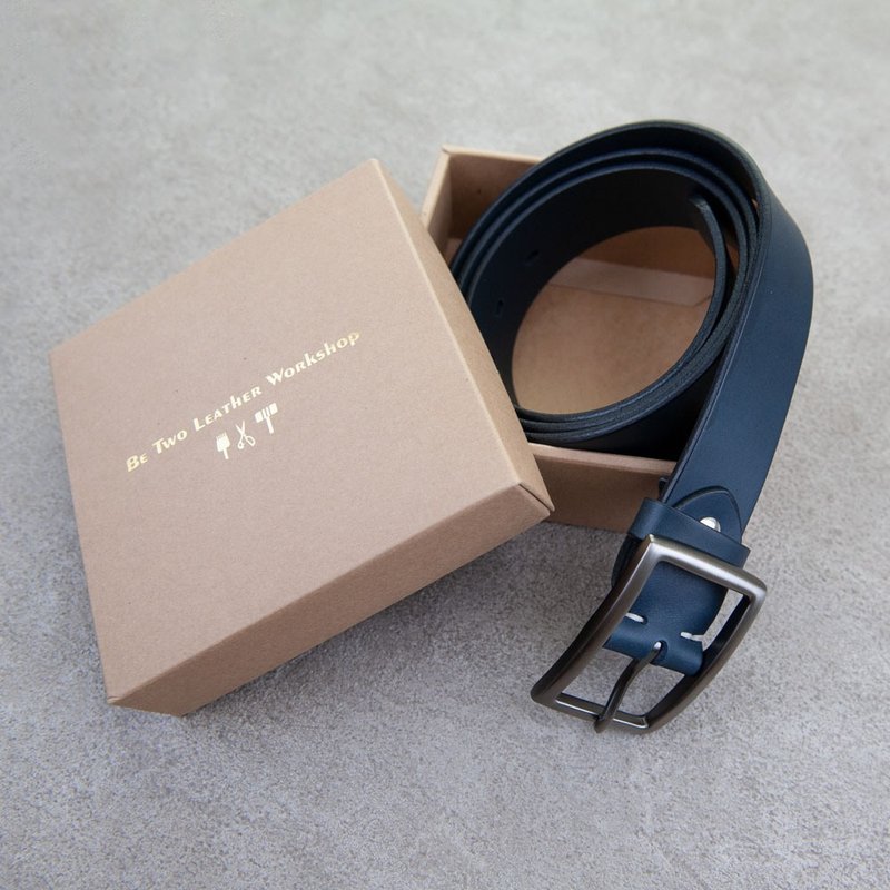 皮帶 深藍 男用 belt 義大利皮革 腰帶 34mm 客製燙金 禮物 - 皮帶/腰帶 - 真皮 藍色