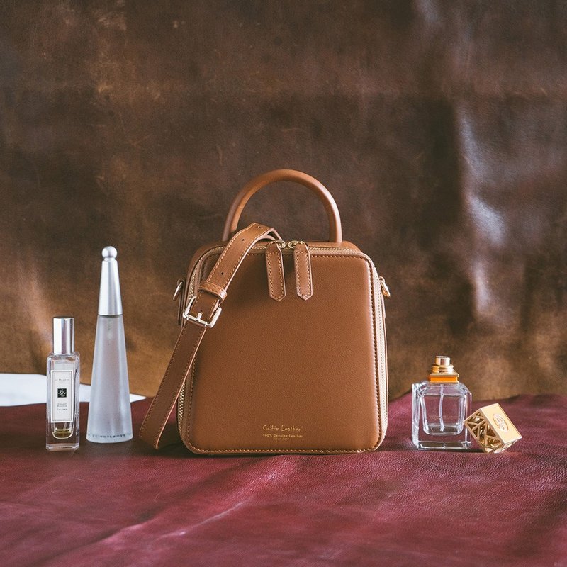 Genuine leather stiff square bag (S) portable crossbody for women 22259 Brown N - กระเป๋าแมสเซนเจอร์ - หนังแท้ สีส้ม