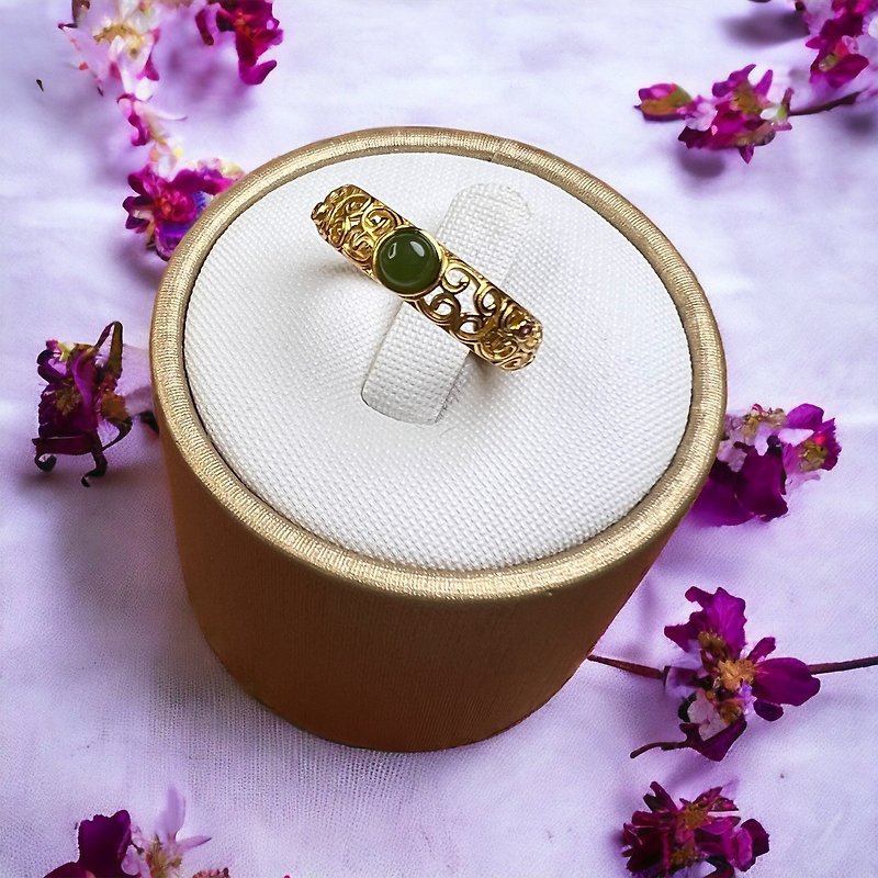 Qilu Jewelry/Khotan jasper Silver inlaid ring/multiple branch pattern hollow carving/s925 Silver inlaid 14k fixed color model - แหวนทั่วไป - หยก สีเขียว