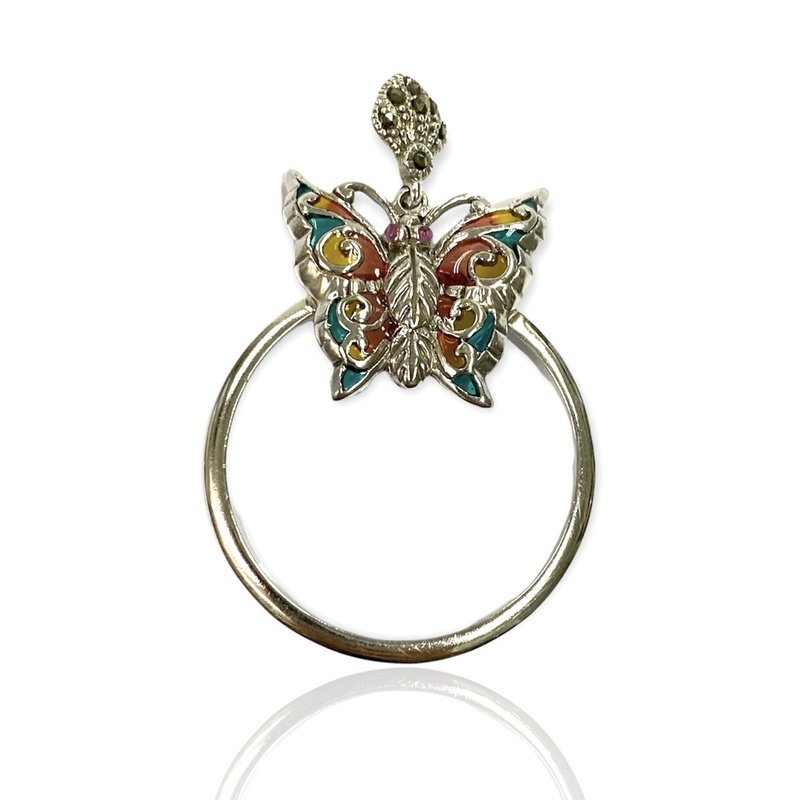 Art Nouveau Enamel Butterfly Magnifying Glass Loop Pendant 925 Sterling Silver - 其他 - 純銀 銀色
