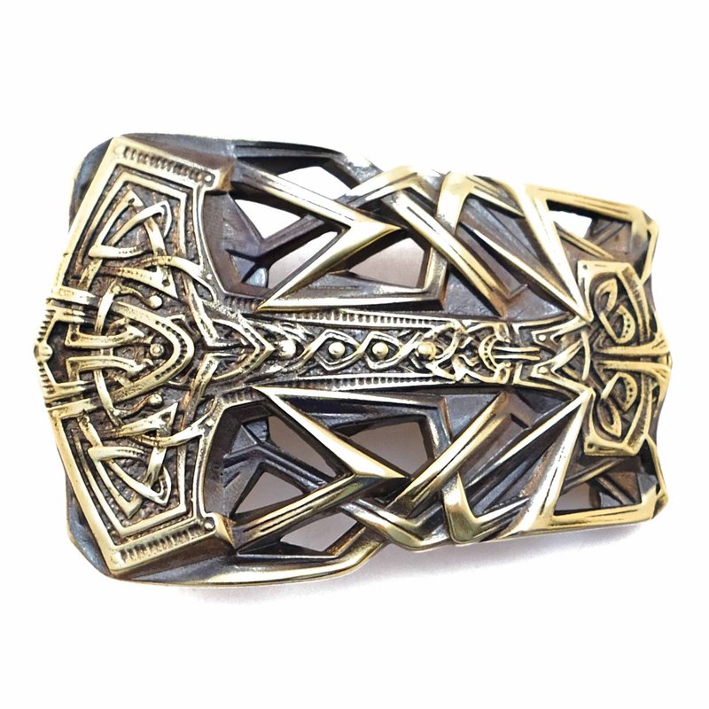Mjolnir soild brass belt buckle,Thor Hummer vikings Scandinavian belt - 皮帶/腰帶 - 其他材質 金色